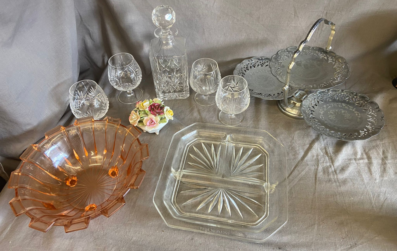 Folding metal cake stand, decanter and glasses, royal doulton flowers and glassware
