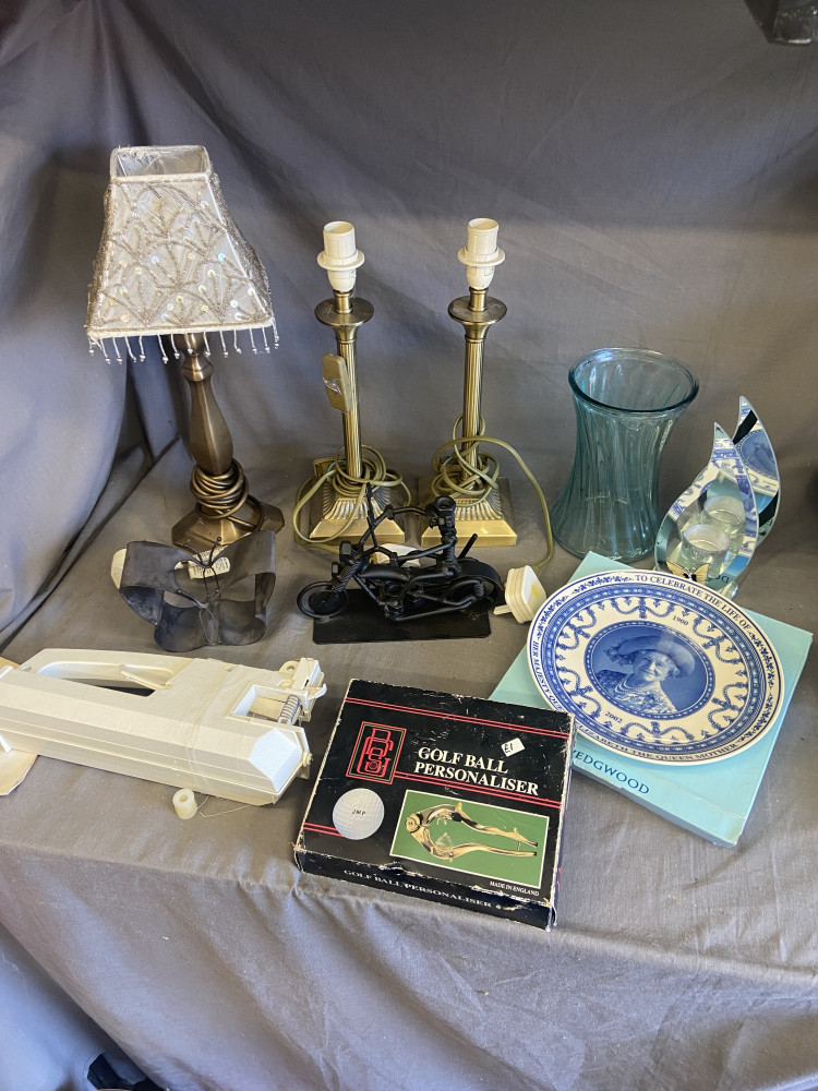 Royal Wedgewood Plate, hand sewing machine, mixed lamps and other household items