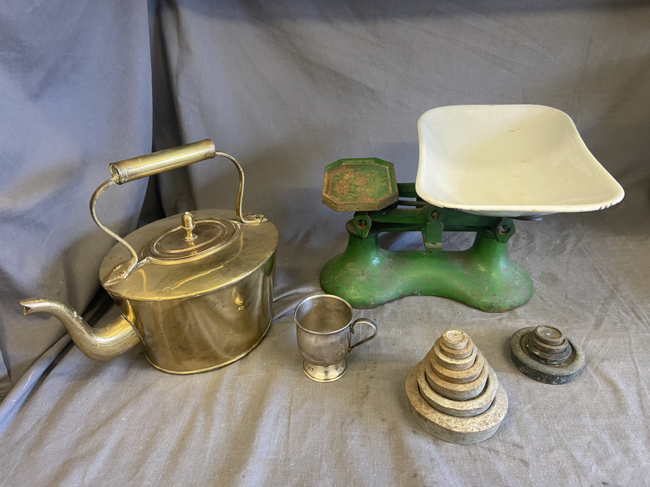 Brass kettle, vintage kitchen scales with weights and small metal mug