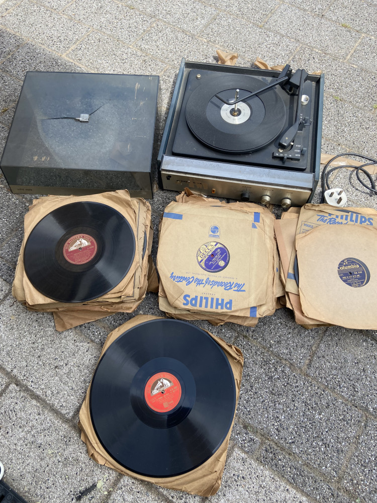Record player, 12 inch records and large amount of 78s