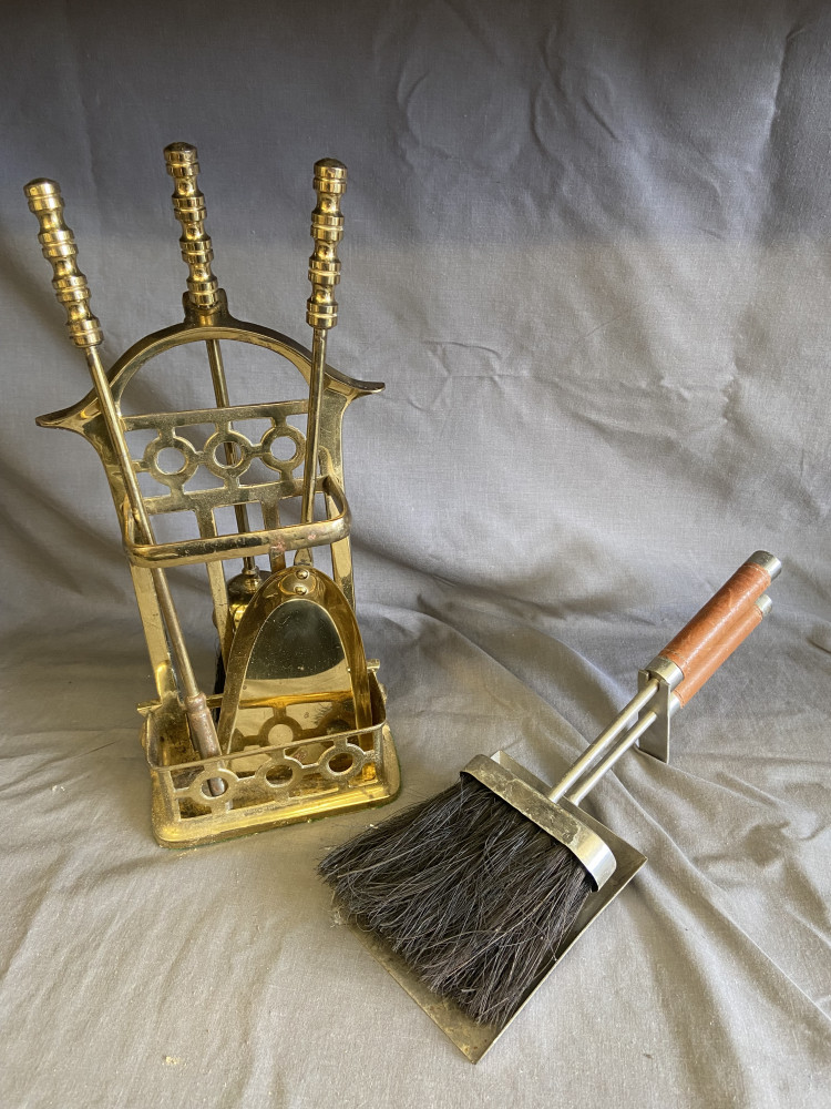 Brass fireside set 38cms high and other fire side set