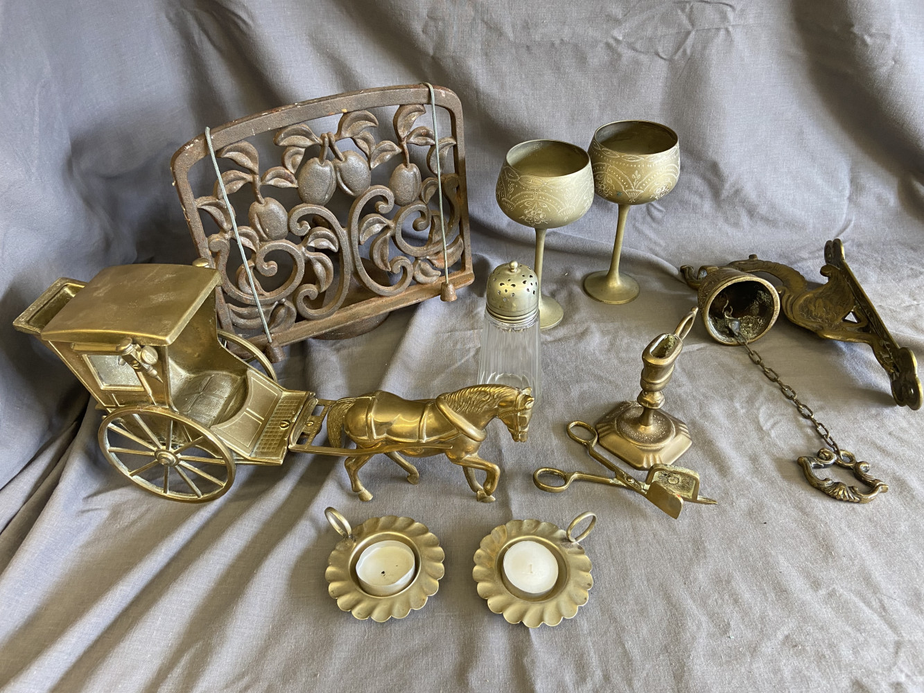 Large brass horse and carriage, candle snuffer and other metalware items