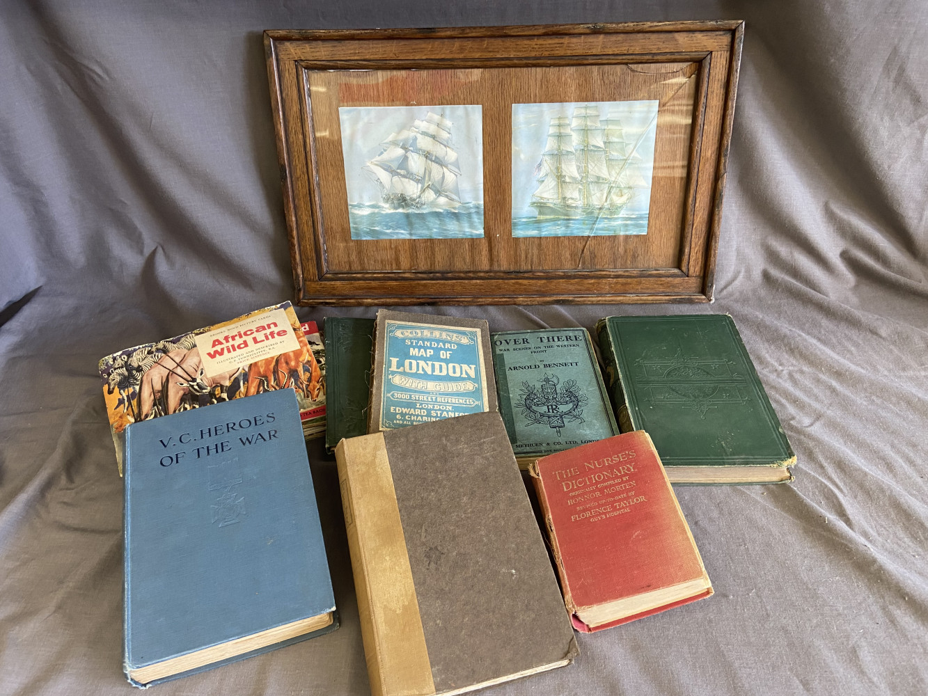 Antique ship picture glass a/f and books