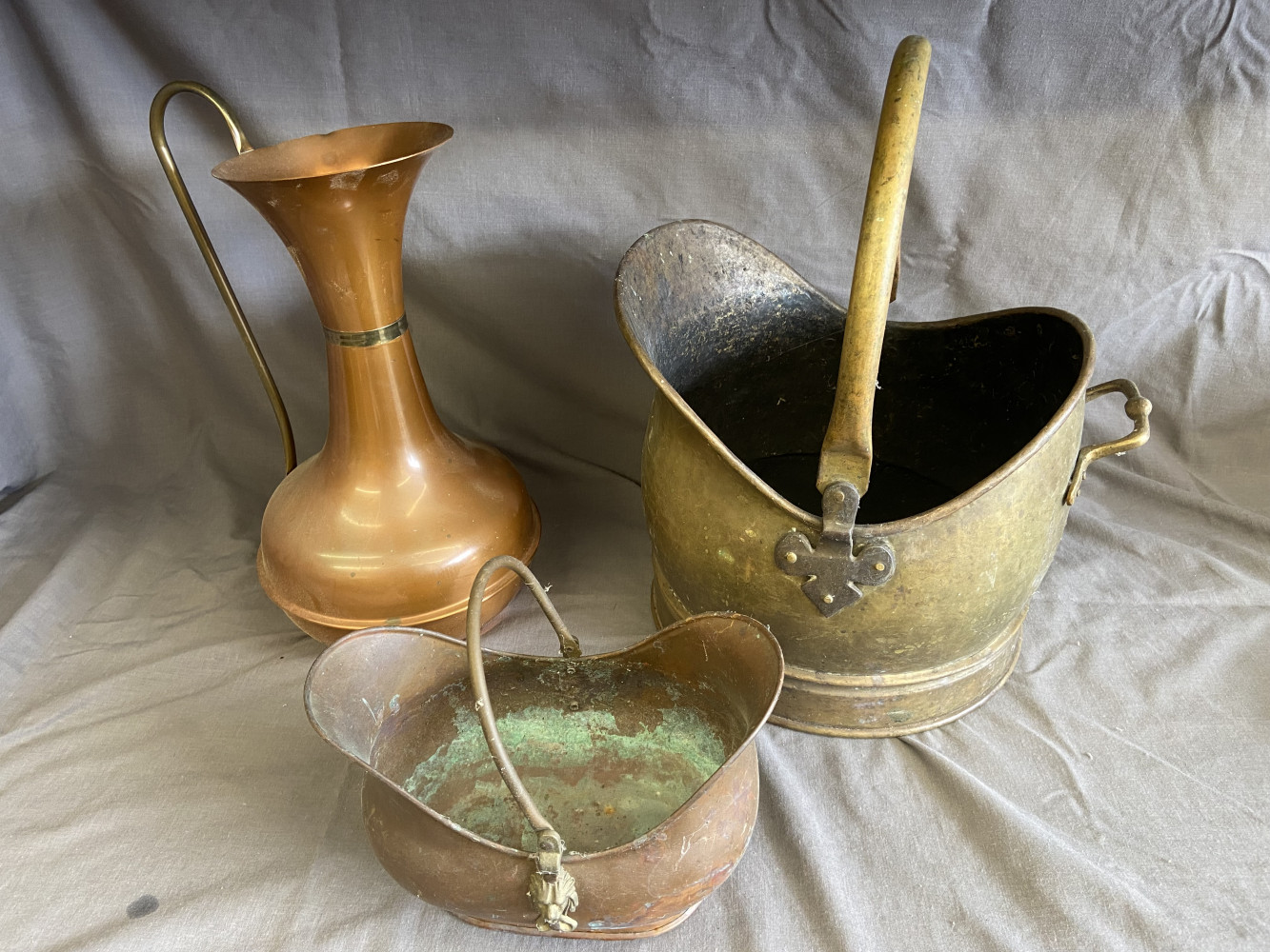 Brass coal bucket, copper jug and small copper coal bucket