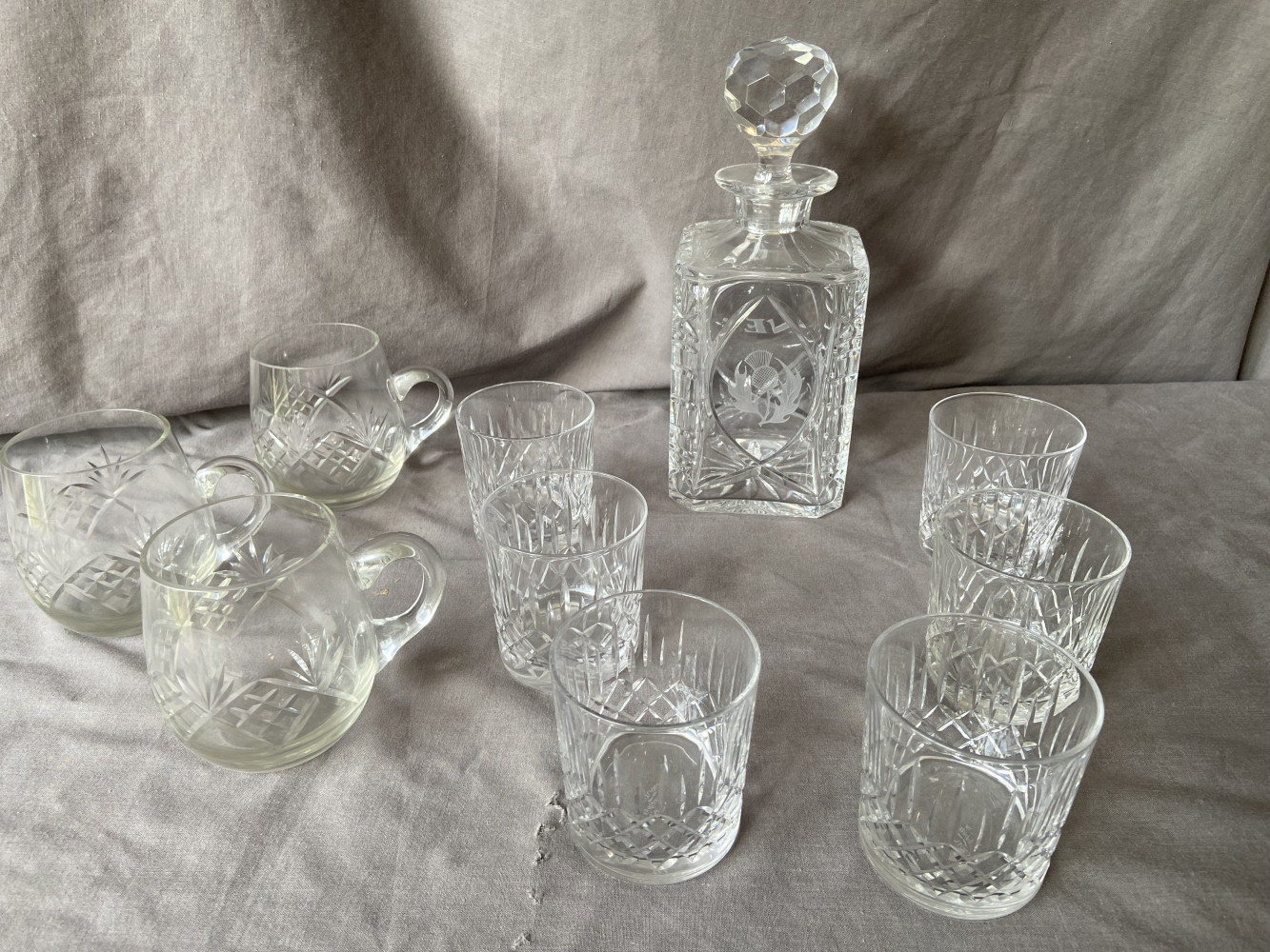 Etched Decanter with 6 glasses and 3 other glasses