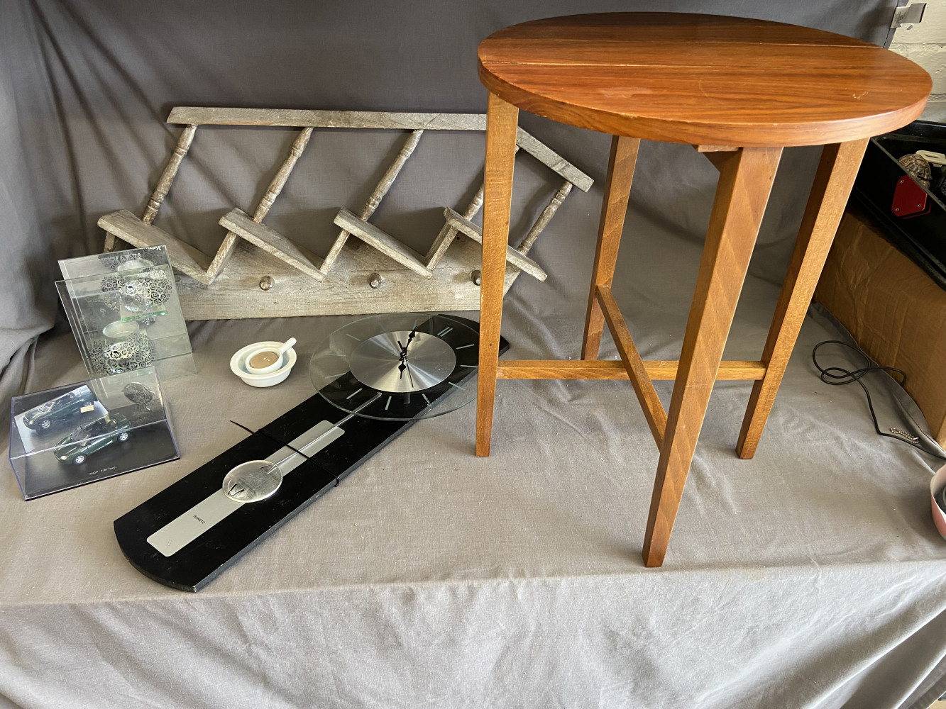 Mixed household, coat rack, clock, small folding table and other items