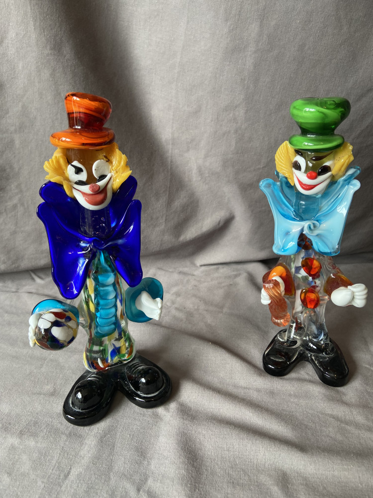 Murano glass clowns approx 26cms tall one has a few small nibbles