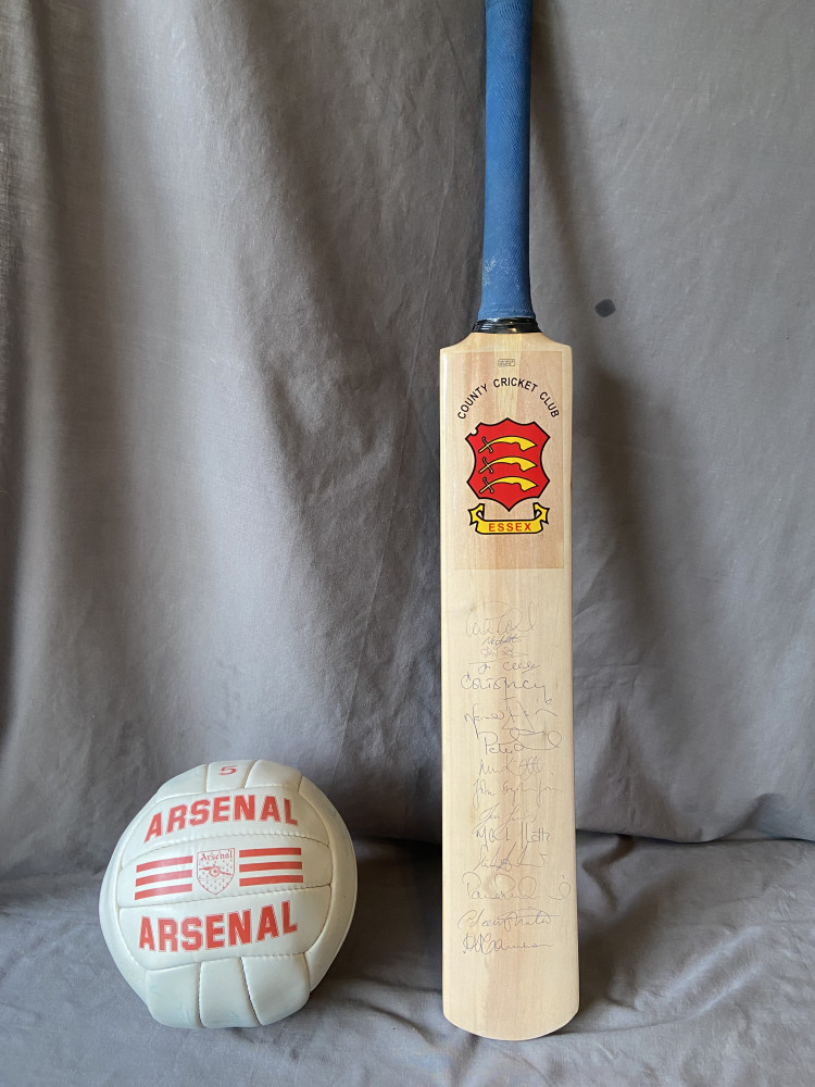 Vintage signed Essex Cricket bat and Arsenal Football