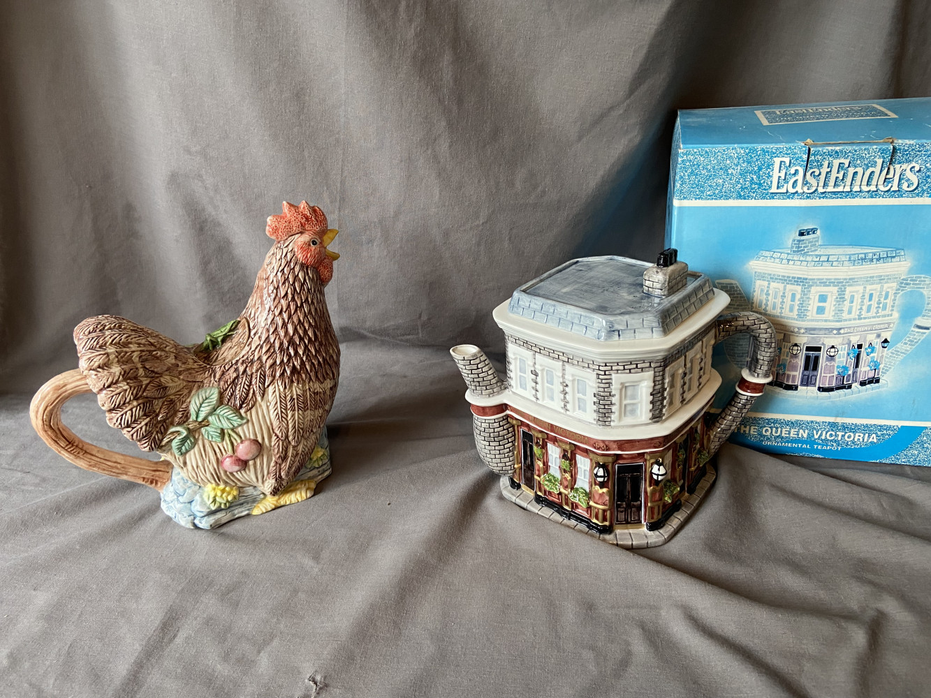 Chicken teapot and EastEnders Teapot in box
