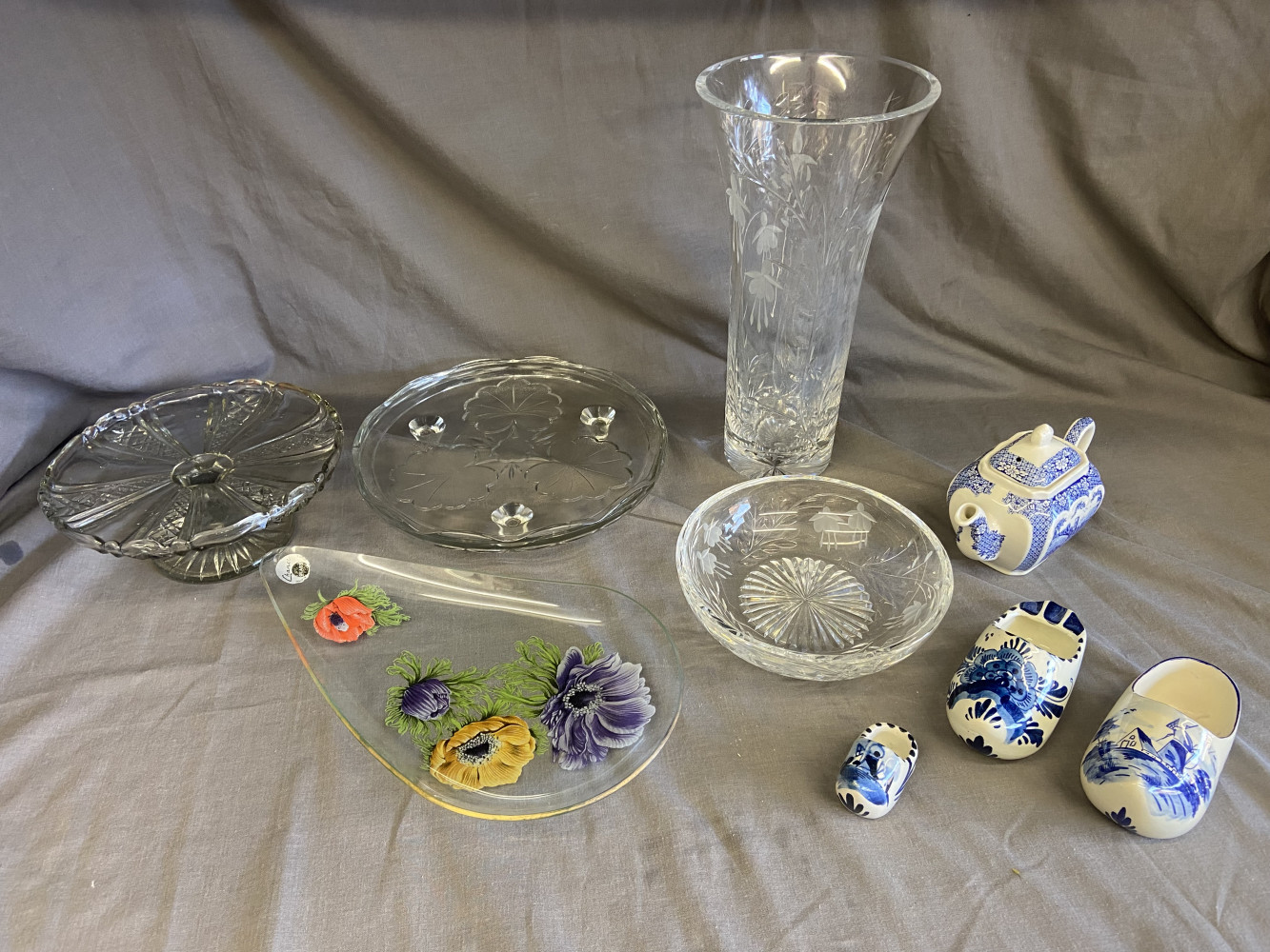 Mixed Glass including heavy vase and Delftware