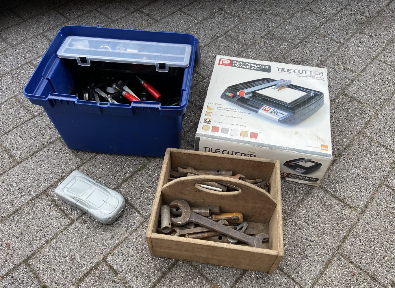 Tile cutter, tool box full of tools, trug with tools and small tool kit