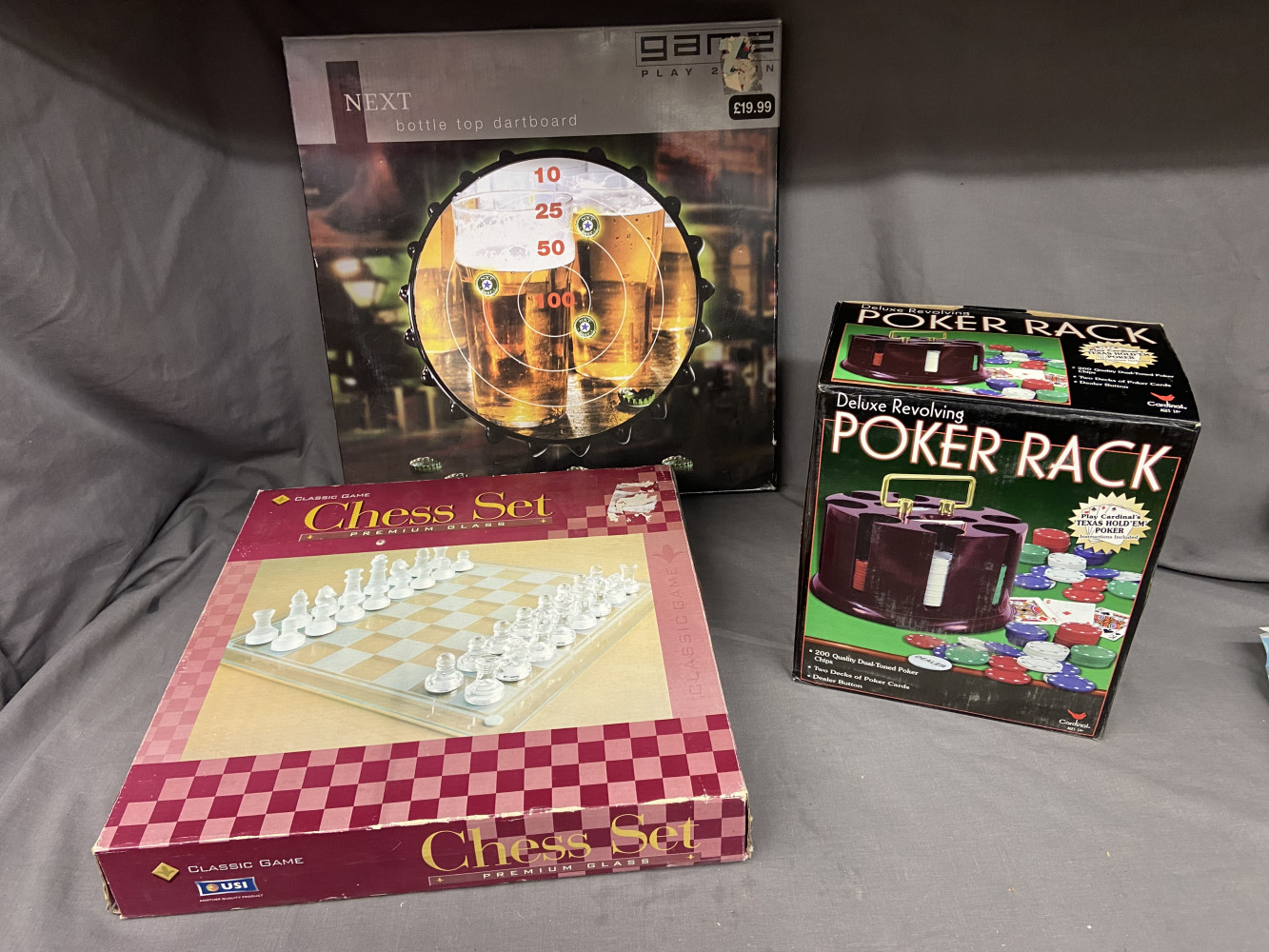 Poker Set, chess set and bottle top dart board