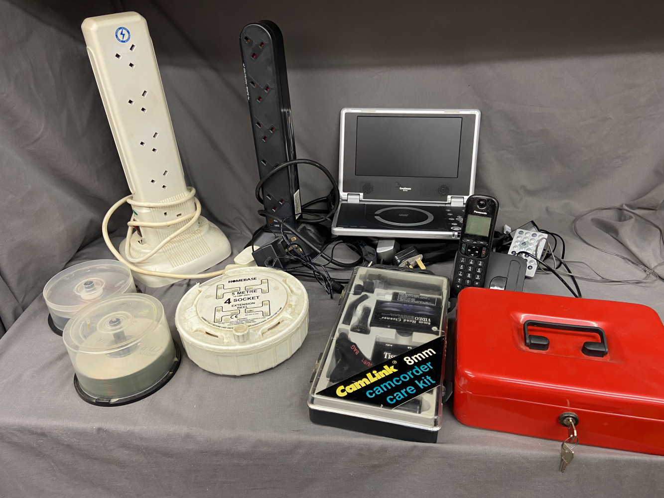Mixed household electricals incl car dvd player and small safe box