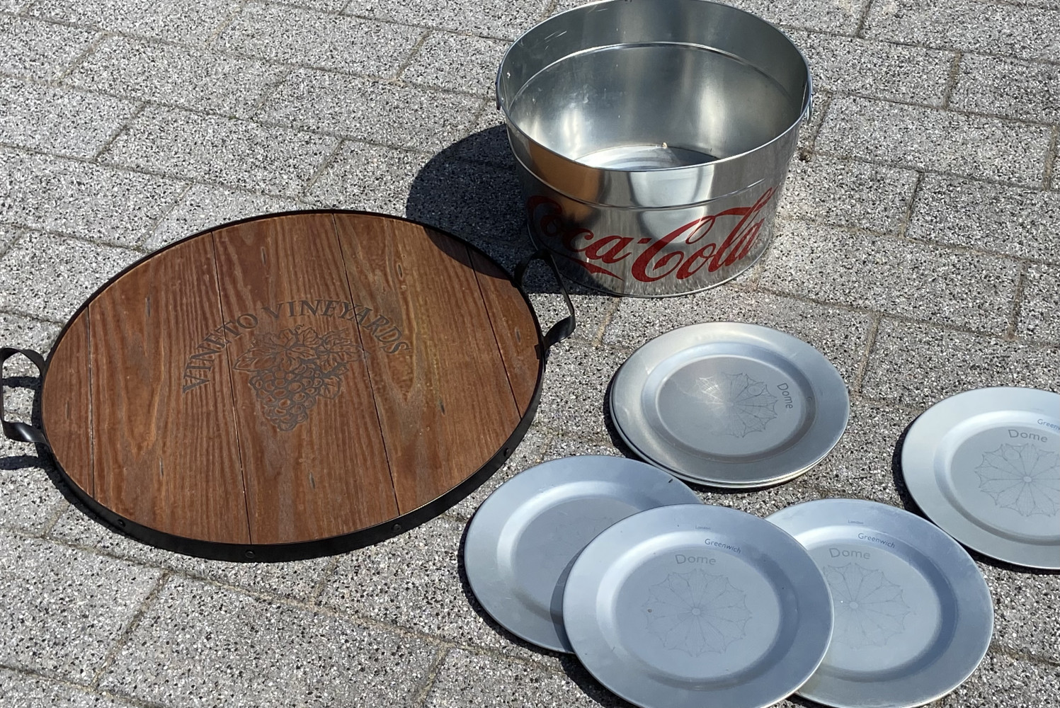 Huge tray 55cms diameter, coke ice bucket and metal plates