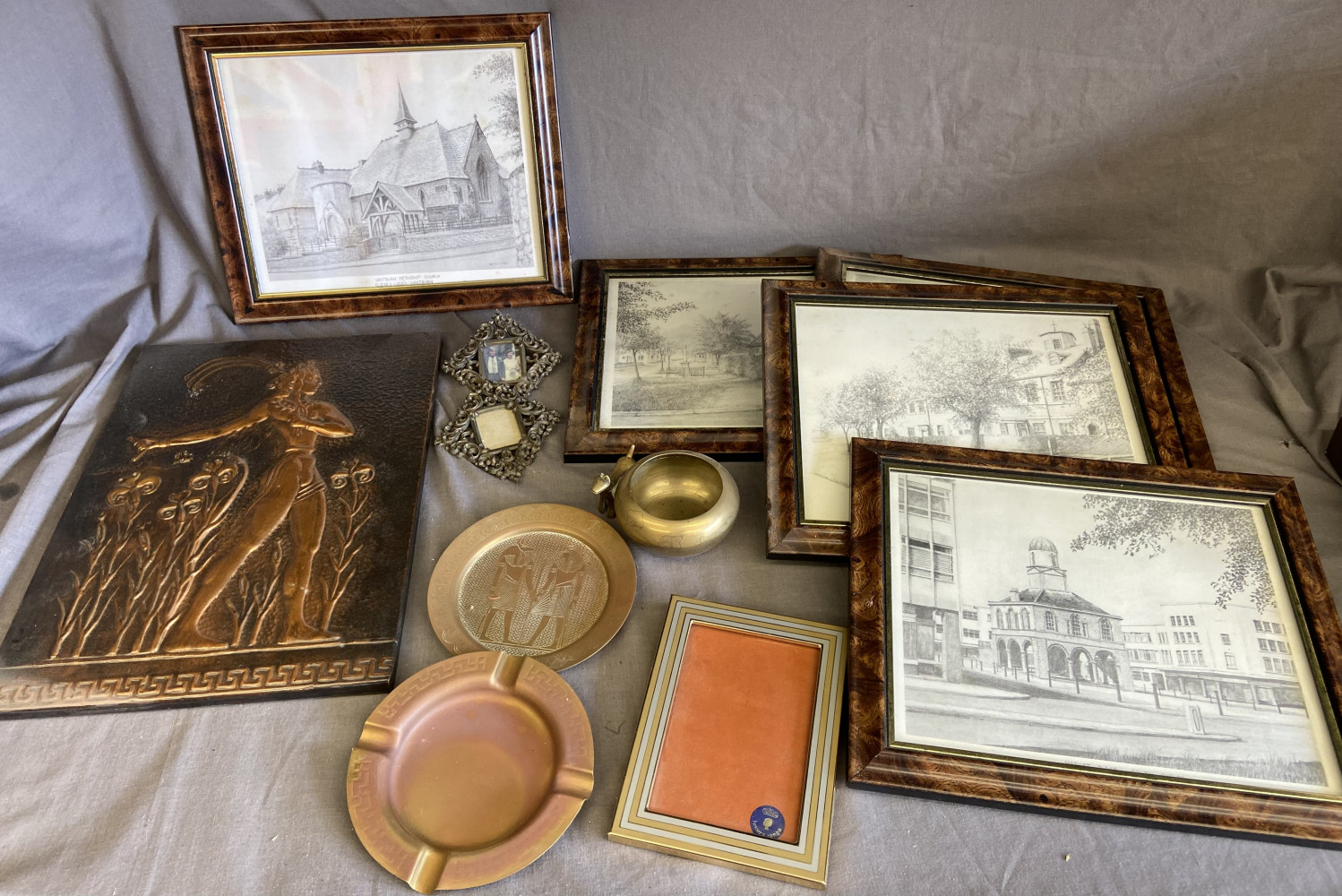 Indian copper plaque, 6 pictures and various other metalware items