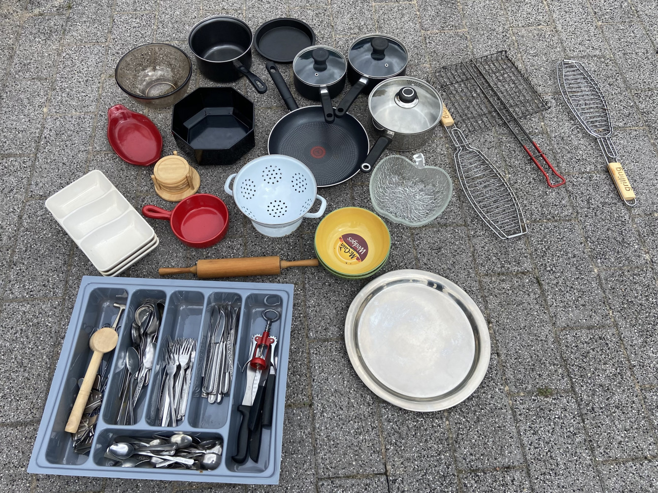 Large lot of kitchen equipment pots pans etc