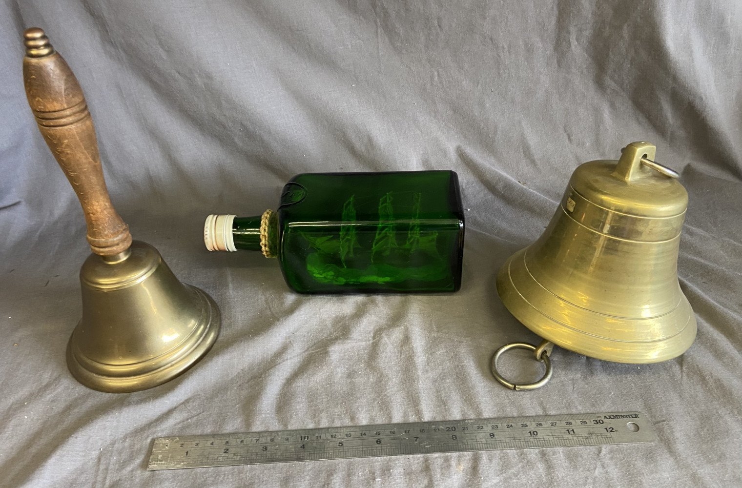 Ship in a bottle, school bell and brass heavy hanging bell