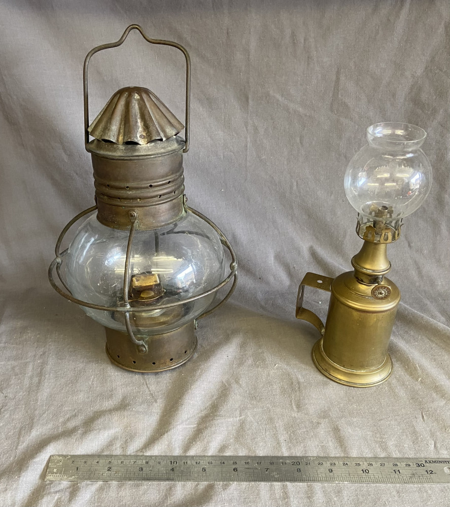 2 Vintage Paraffin Lamps, larger ship style and rare small pigeon brass lamp