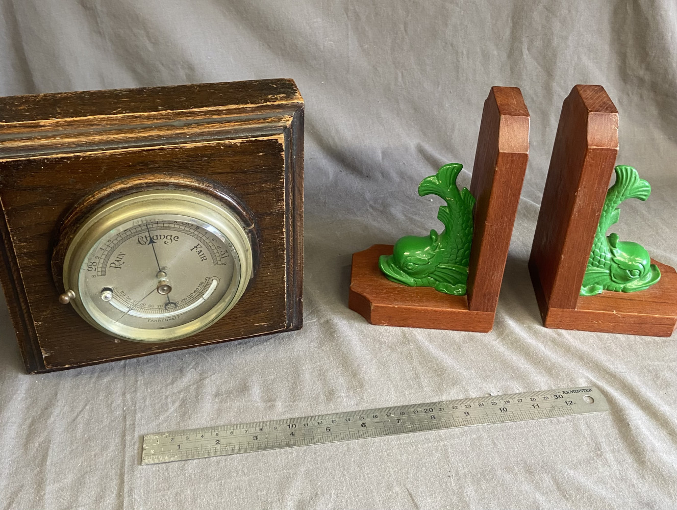 Vintage Barometer with unusual curved mercury temperature gauge and fish bookends