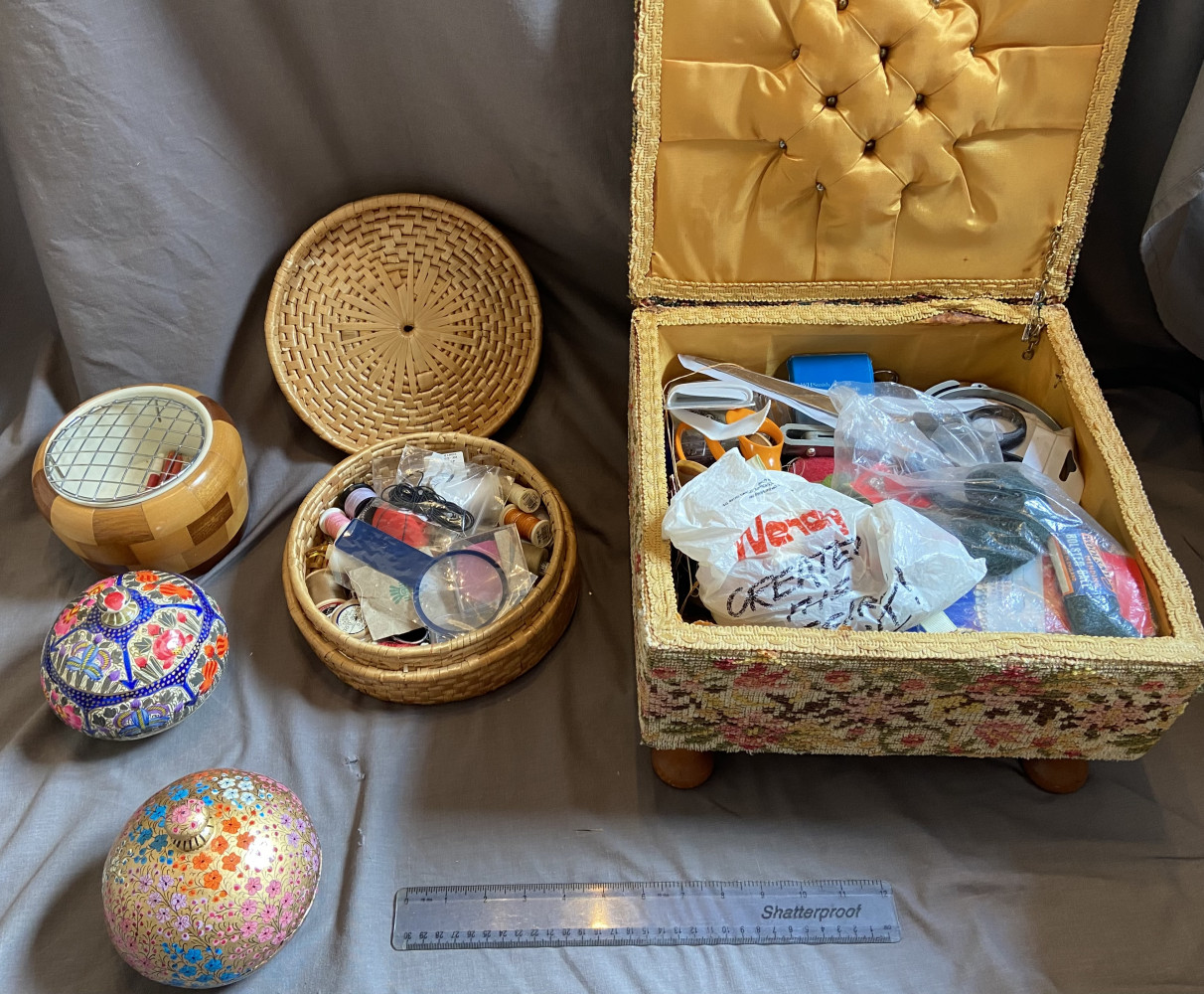 Sewing items and papier-mâché  pots