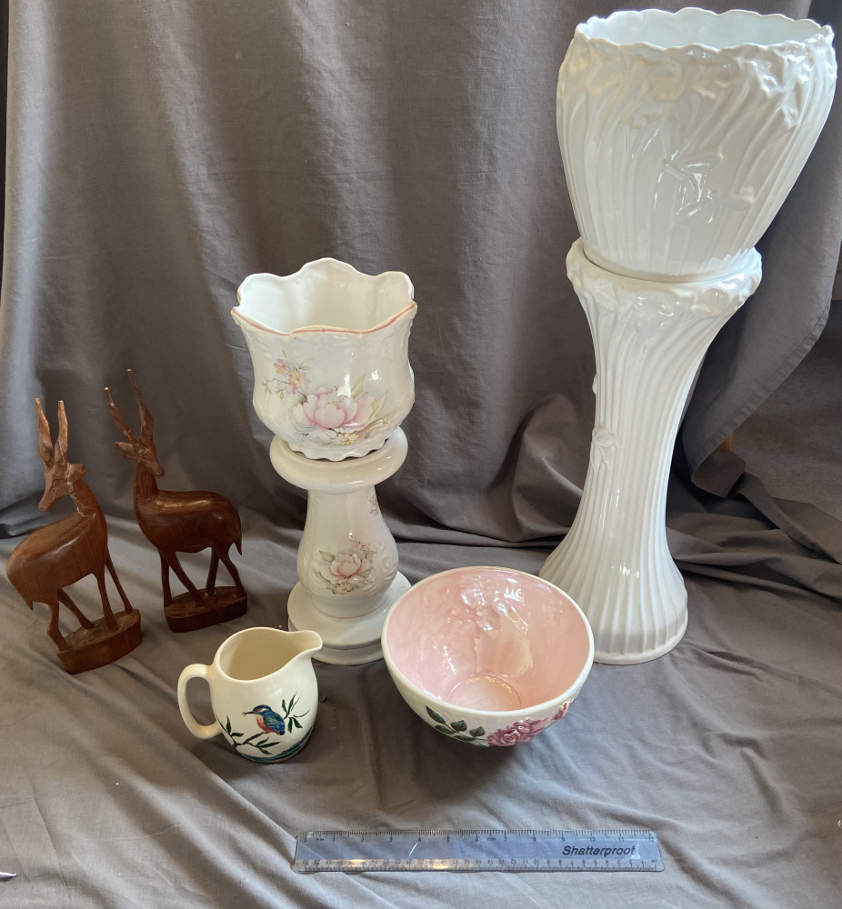 2 pots on stand, jug and bowl with two wooden deers