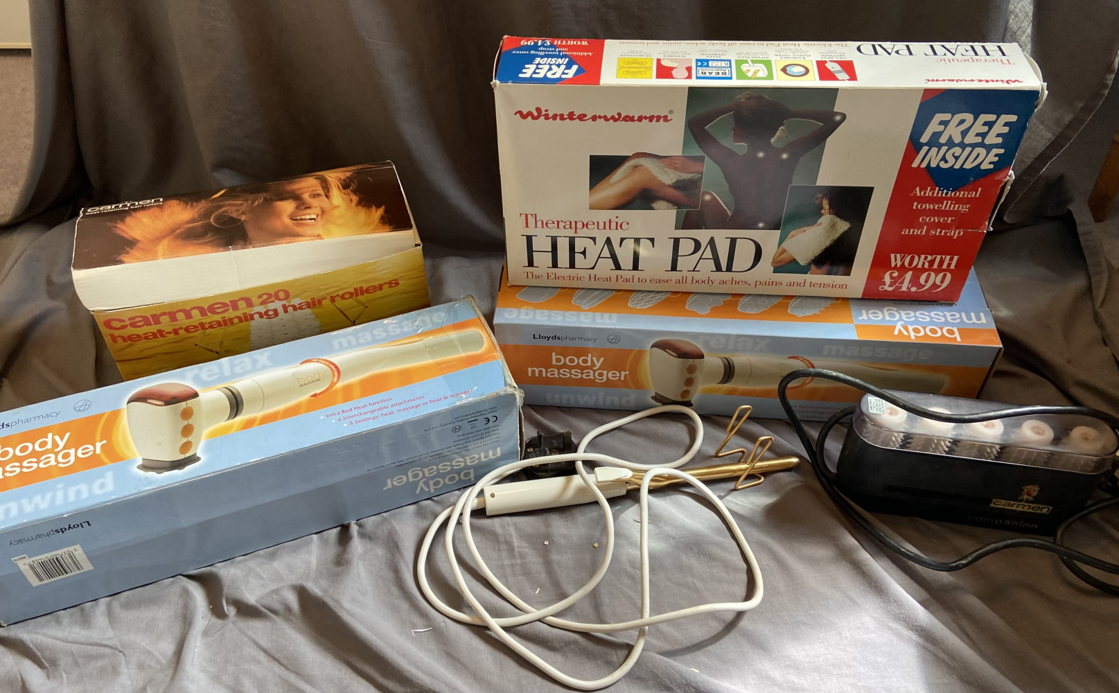 Vintage Carmen Hair rollers, various massage items