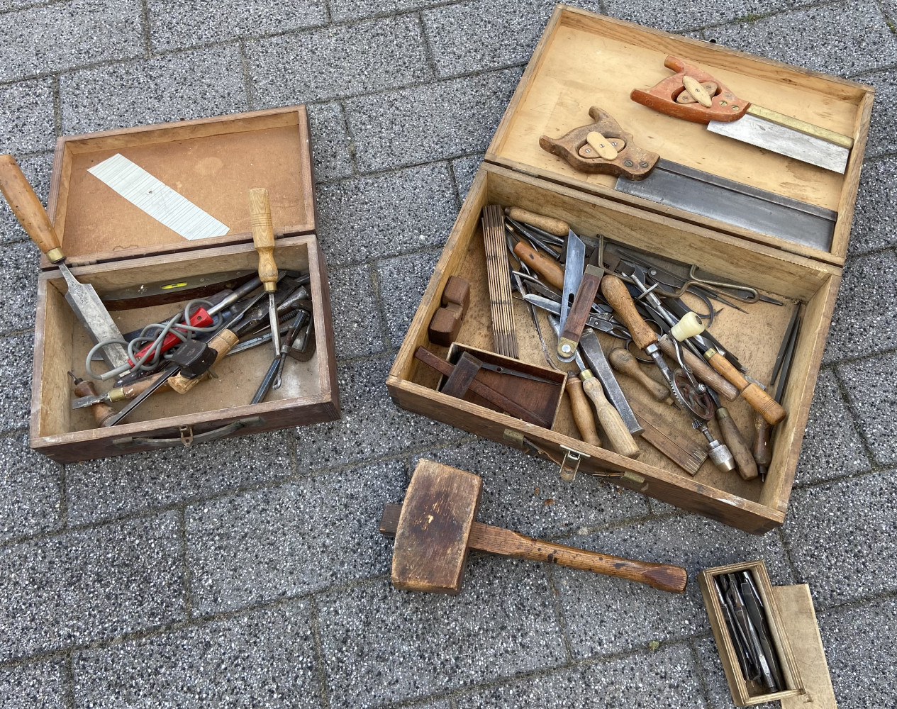 Two carpenters tool boxes full or various tools incl large chisels