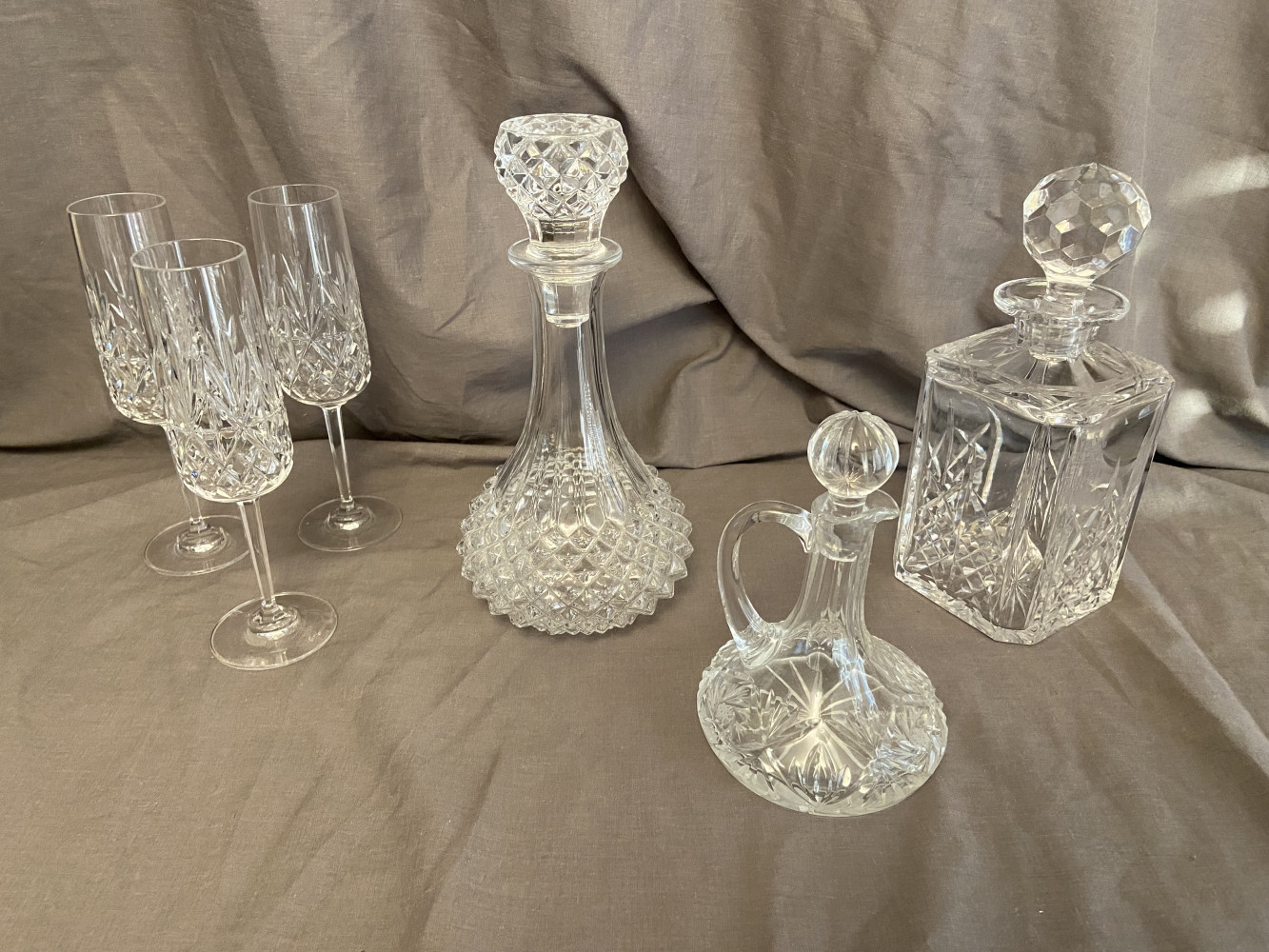 3 Decanters and set of 3 Glasses some crystal