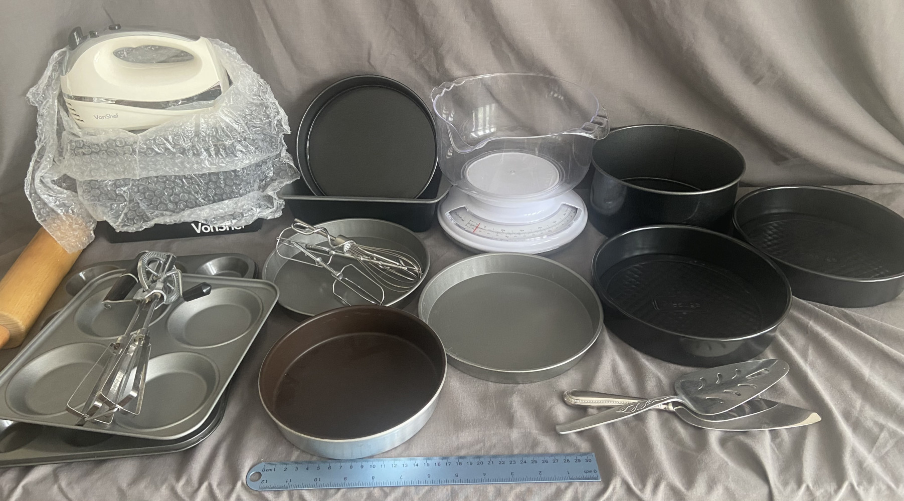 Baking items, new electric whisk, scales, and loads of baking trays and cake tins
