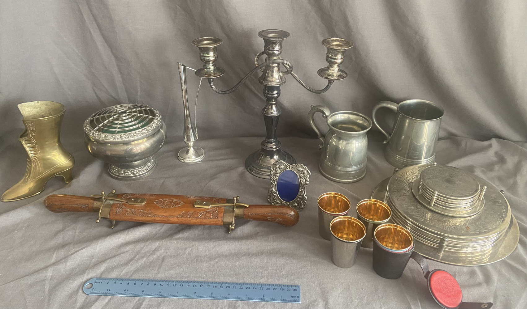 Vintage metalware inc WMF Vase, shooting cups and carving set