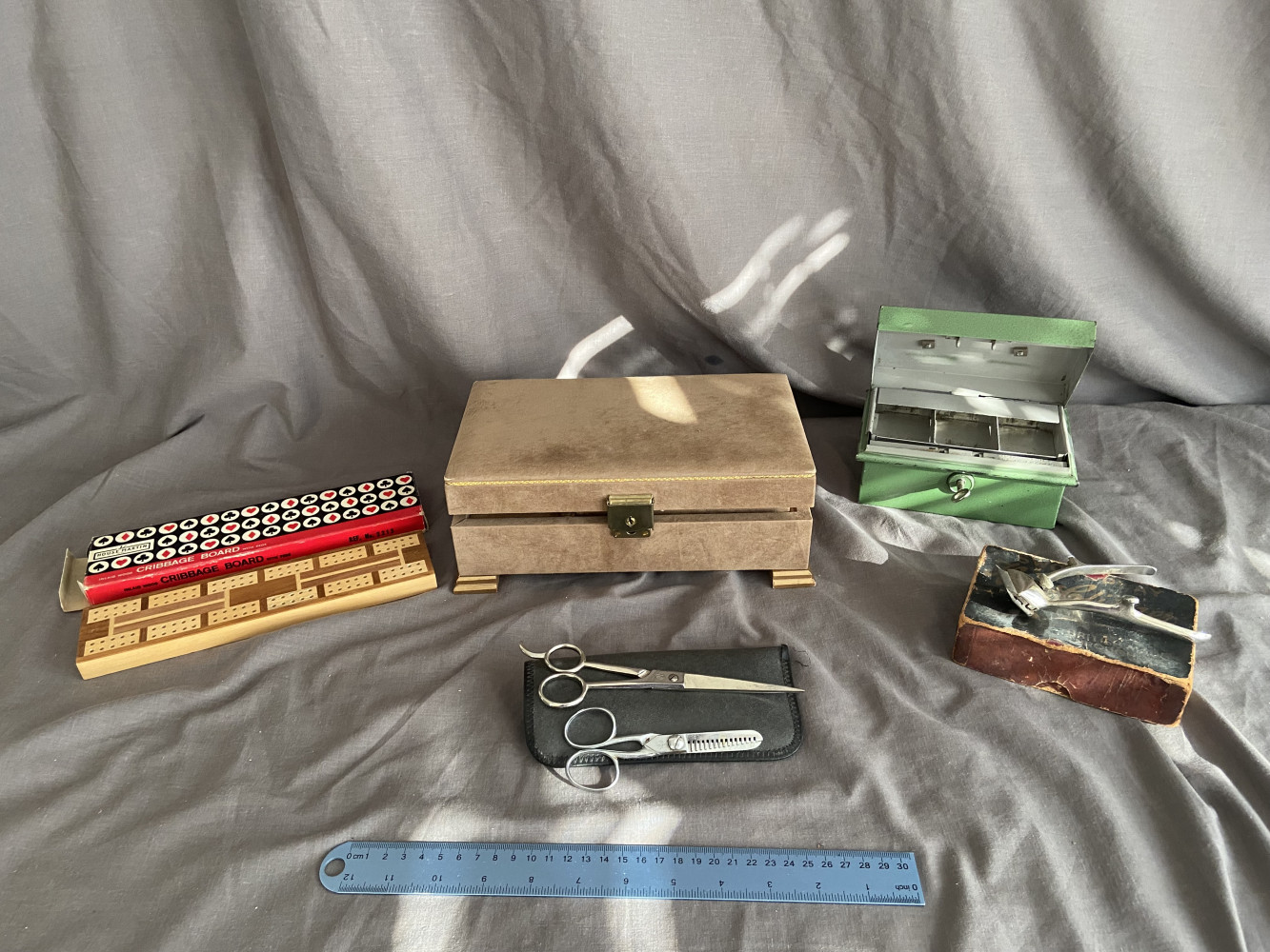 Vintage hair clippers in box, haircsissors, jewellery box, and other items