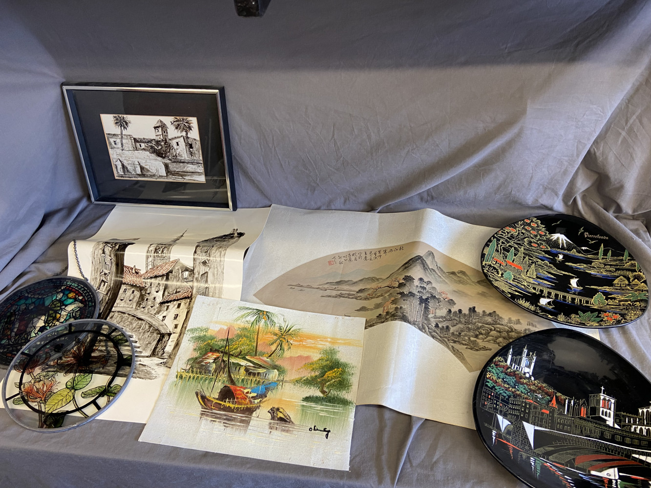 Japanese tourist items, two stain glass round panels