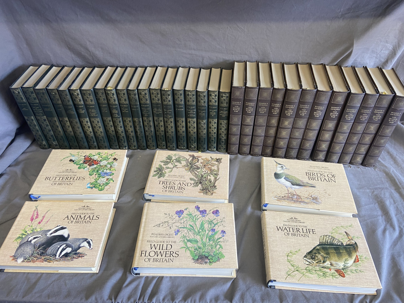 Winston Churchill embossed book set, along with a set of H.G.Wells books and 6 other wildlife books