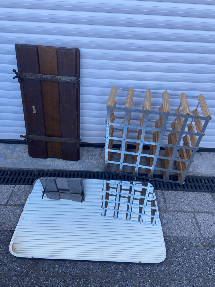 Vintage Mirror, antique trouser press and wine rack