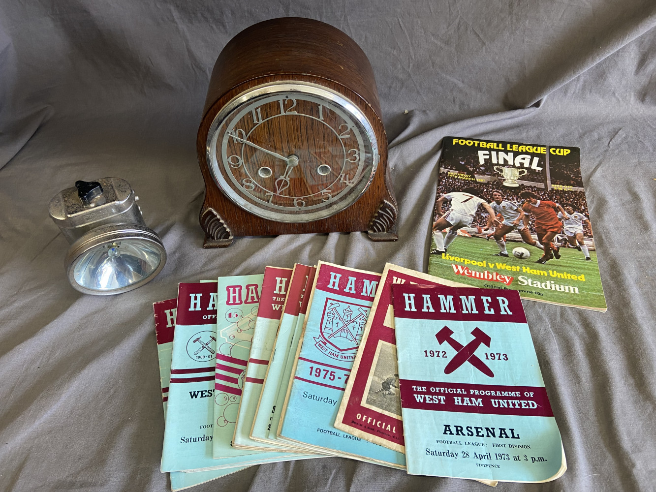 70s West Ham programmes, mantle clock and vintage bike light