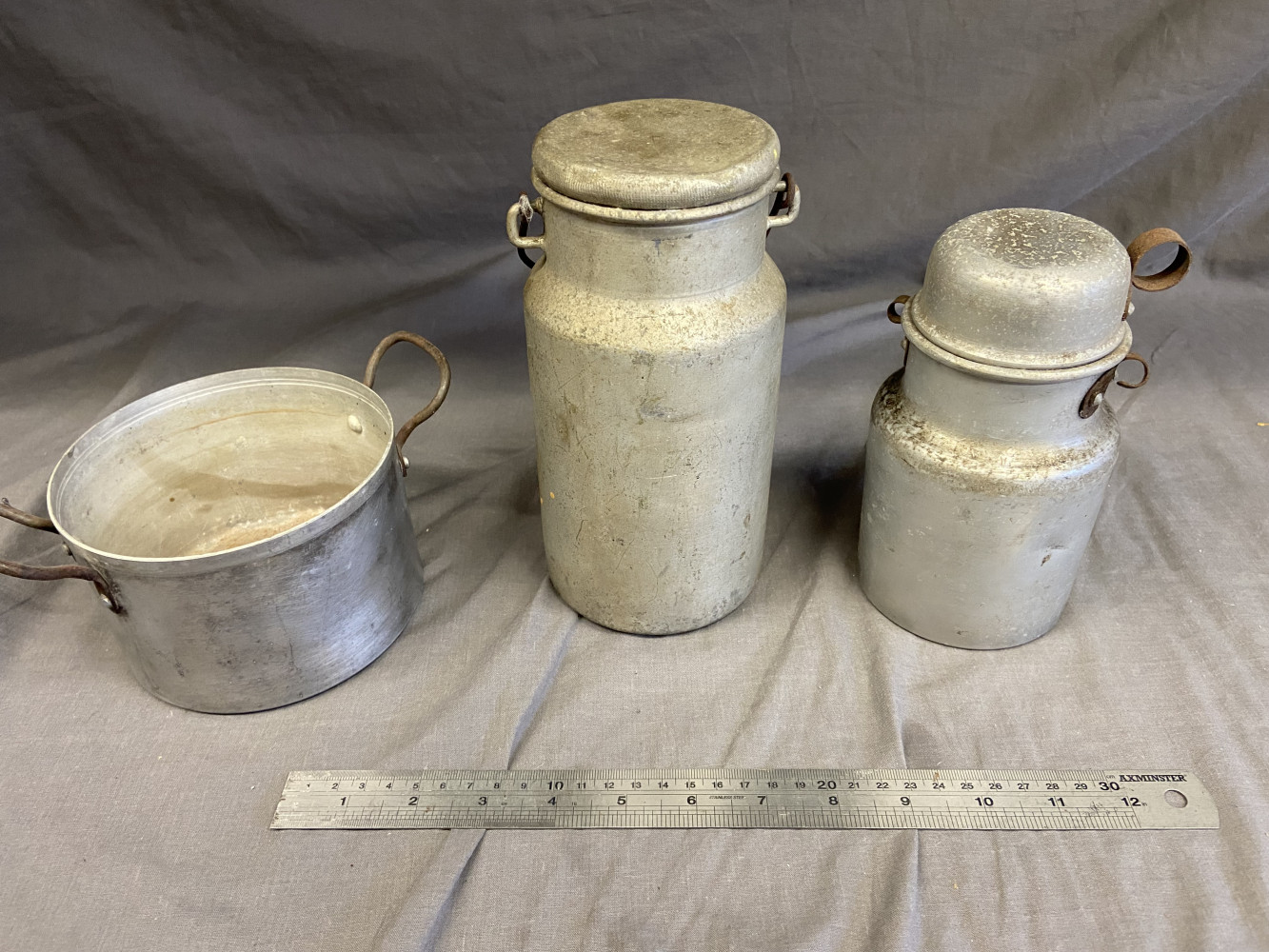 Miniature milk churns and pot tallest approx 20cms