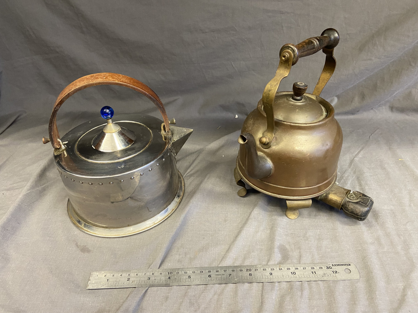 BODUM OTTONI Stainless Wood Handle Tea Kettle 1980s 18/1Q, and vintage brass kettle