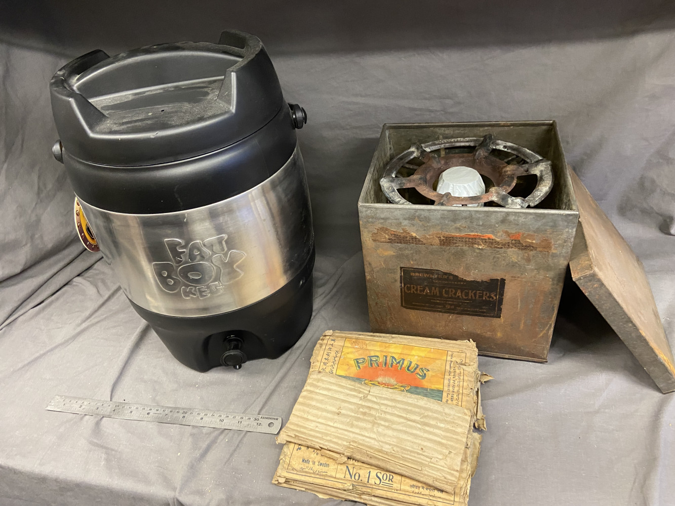 FAT BOX drinks keg and Primus stove in box