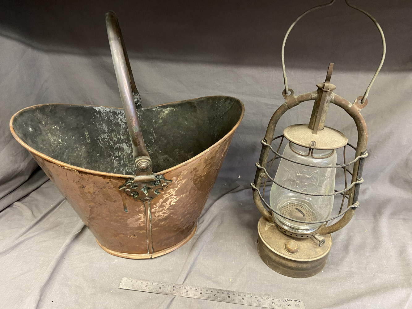 Large Vintage Veritas 'PAX ' Paraffin Lamp / Hurricane lamp Bat embossed TM Glass and large copper coal bucket