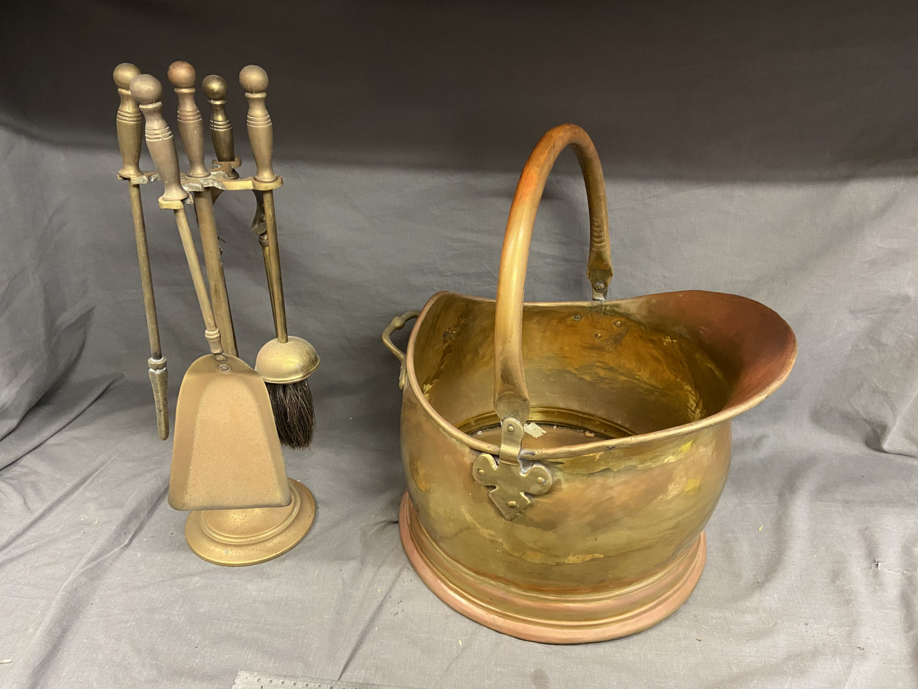 Fire side set and very large brass coal scuttle