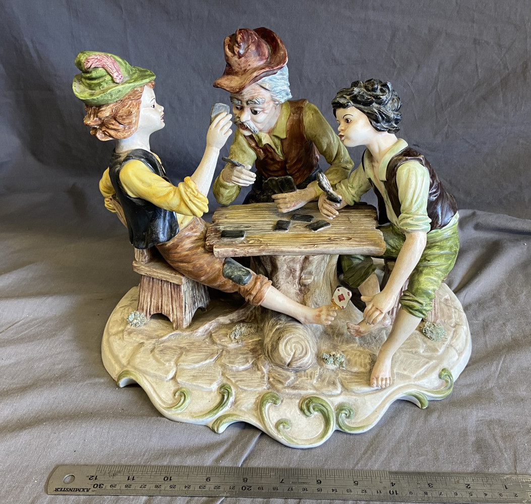 Large Vintage Capodimonte Italy  "The Cheaters" 3 Boys Playing Cards, Marked, approx 35cms