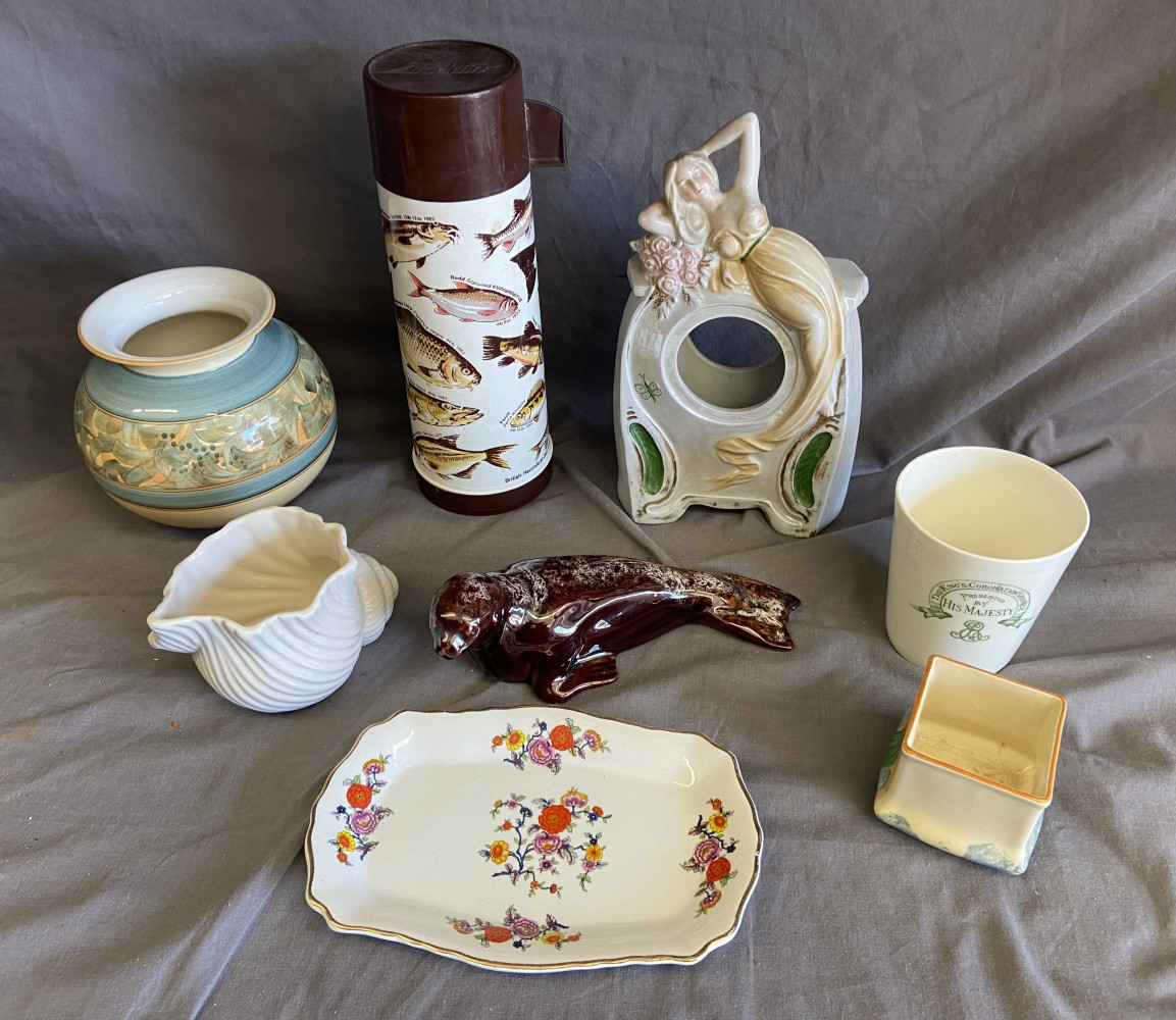 Mixed lot of china and rare fishing flask