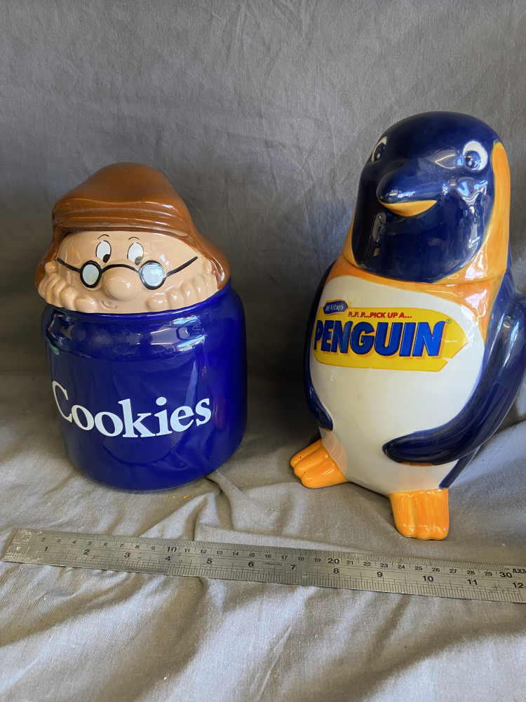 Wade Tetley cookie jar and Mcvities Penguin jar