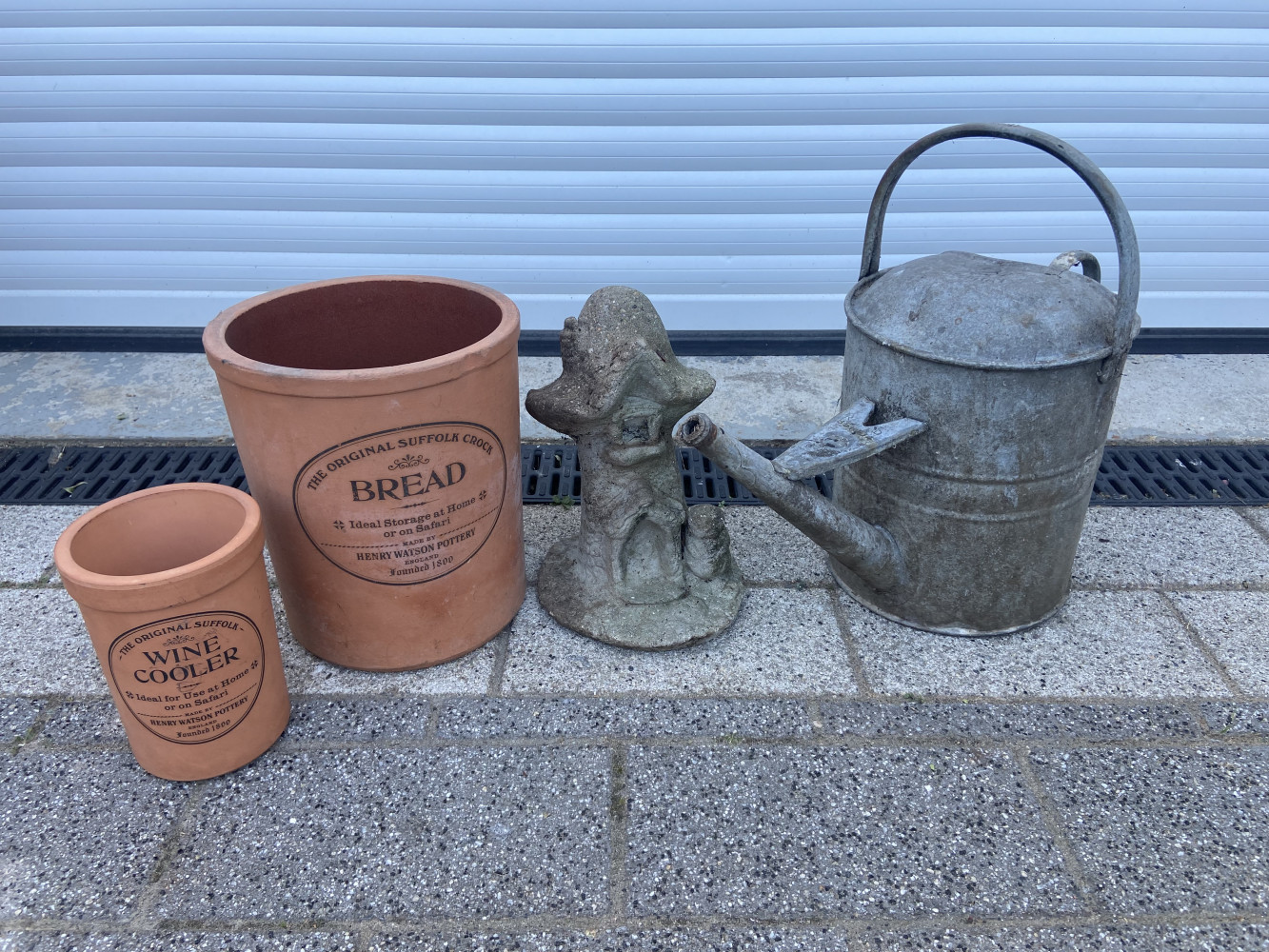 2 Gallon Galvanised watering can, and other garden pots and statues