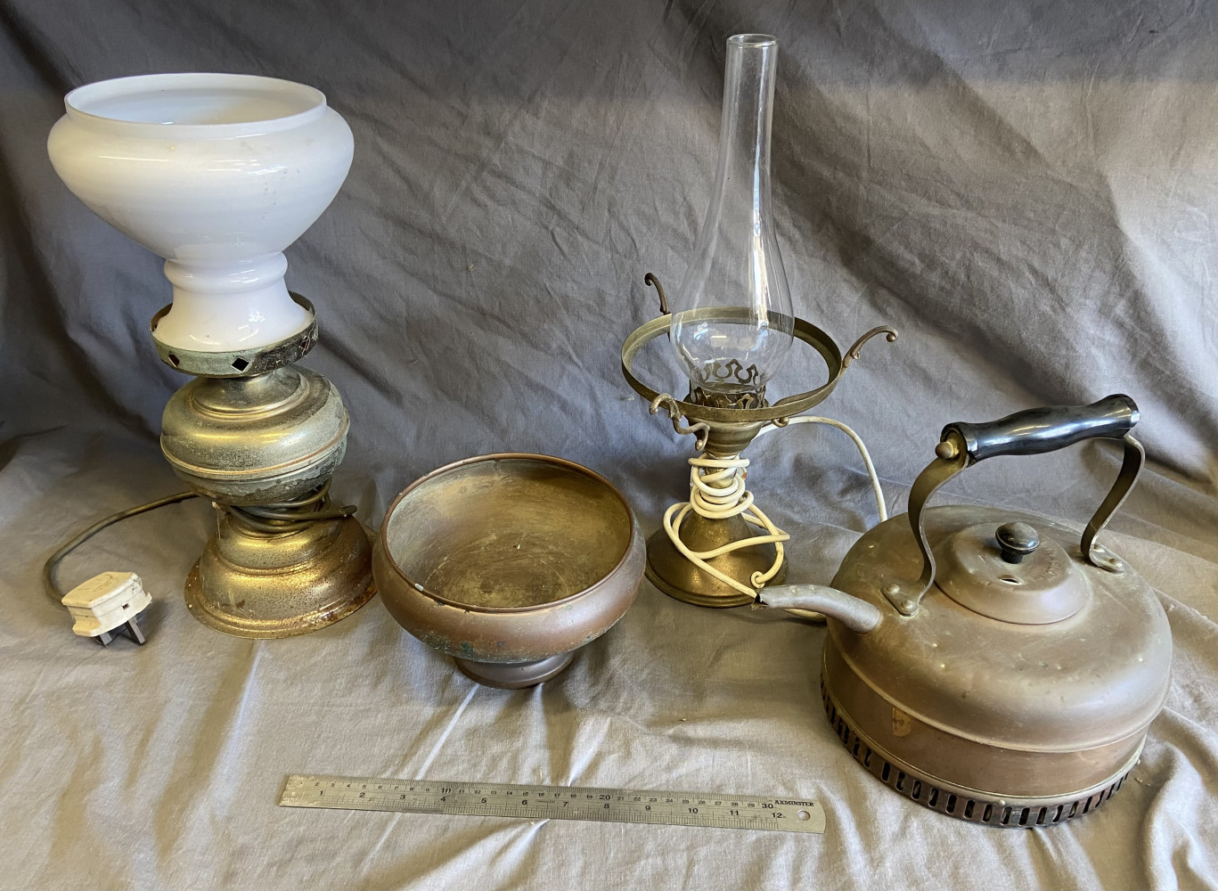 Converted oil lamps, copper kettle and copper bowl