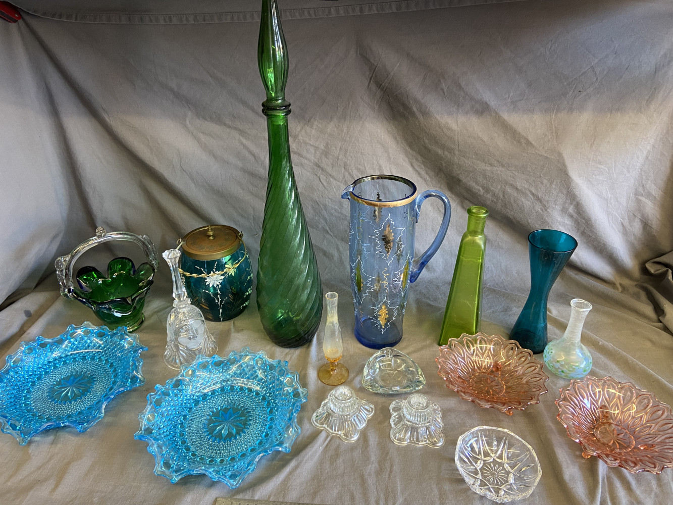 Large lot of coloured glass incl large green bottle and blue plates