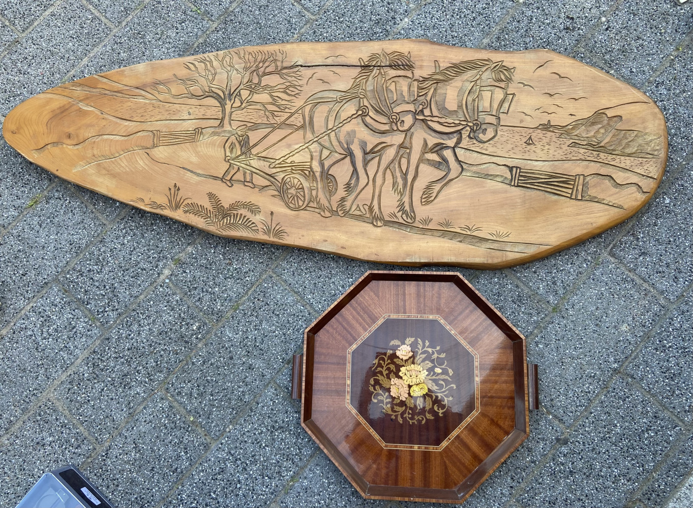 Large carved plank of elm 127cms x 45cms and repo tray