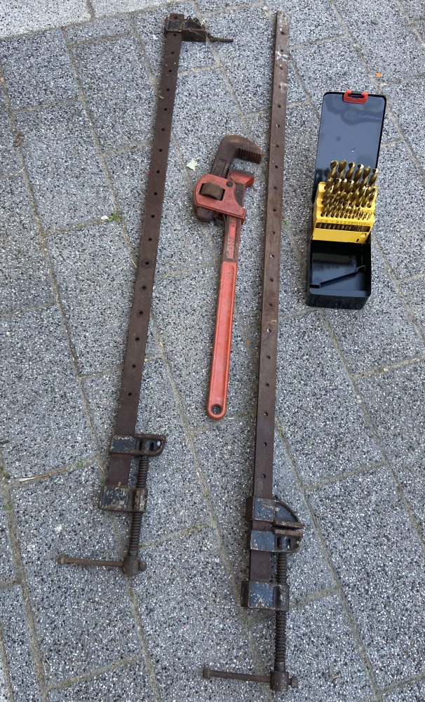 Sash clamps, large wrench and new drill bit set in case