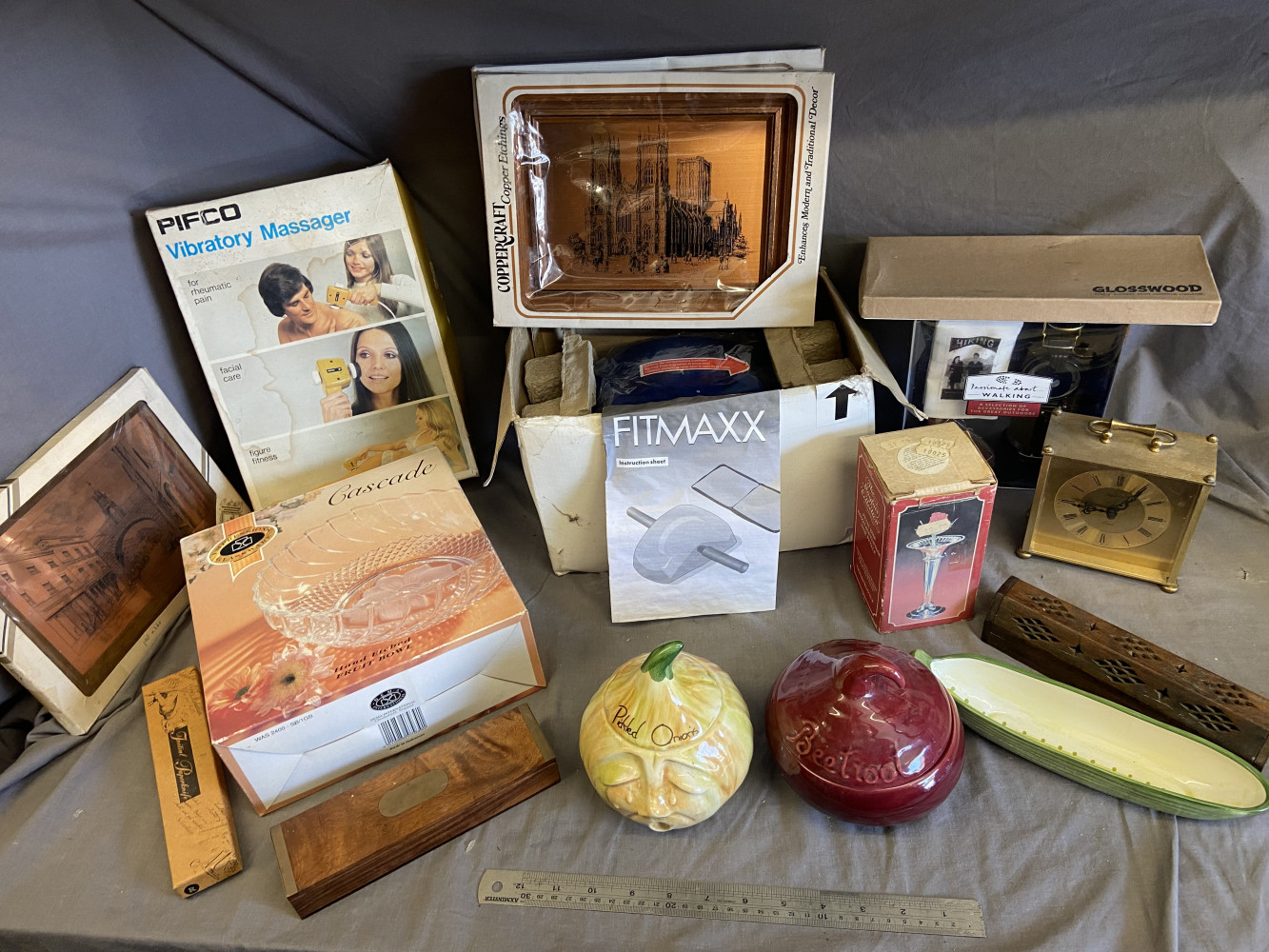 Vintage kitchen items, massager, and other house hold items