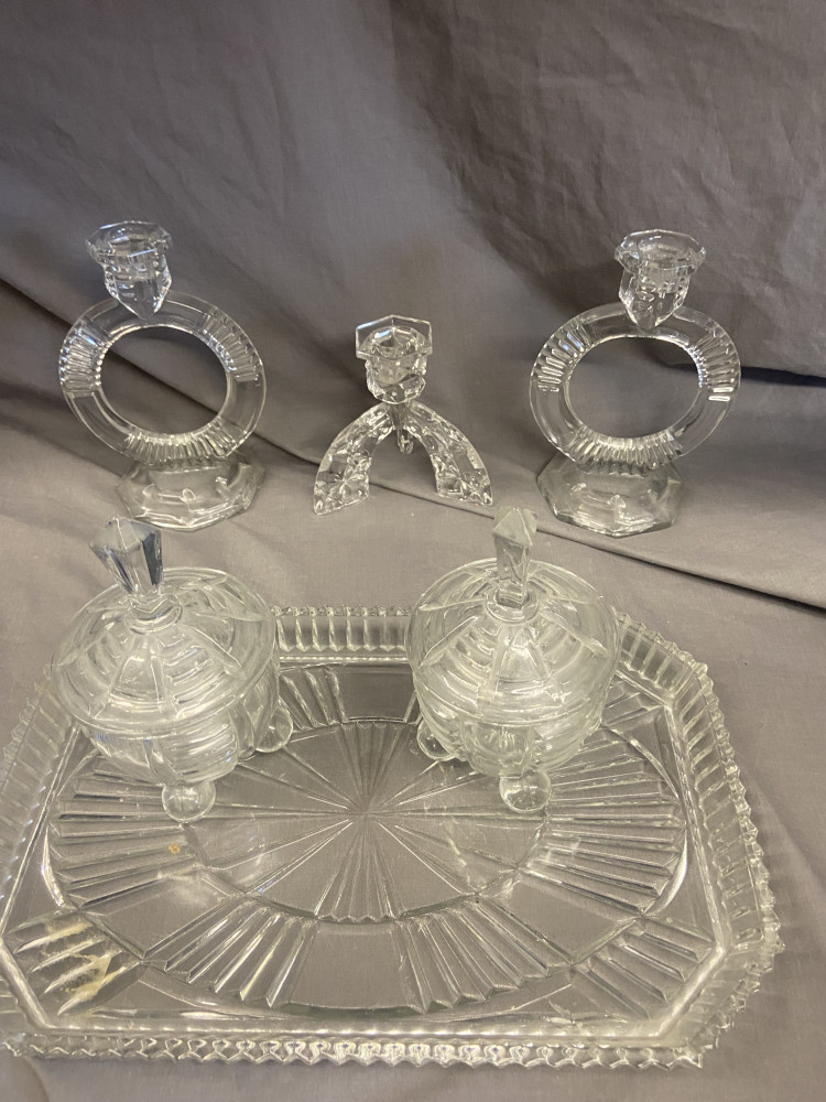 Glass dressing table set and candle sticks